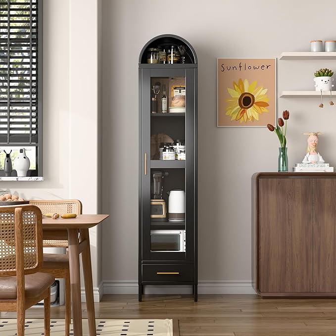 Aobabo Metal Arched Display Cabinet with Glass Doors, Narrow Arched Bookcase with 3 Adjustable Shelves for Home Office, Assembly Required, Black