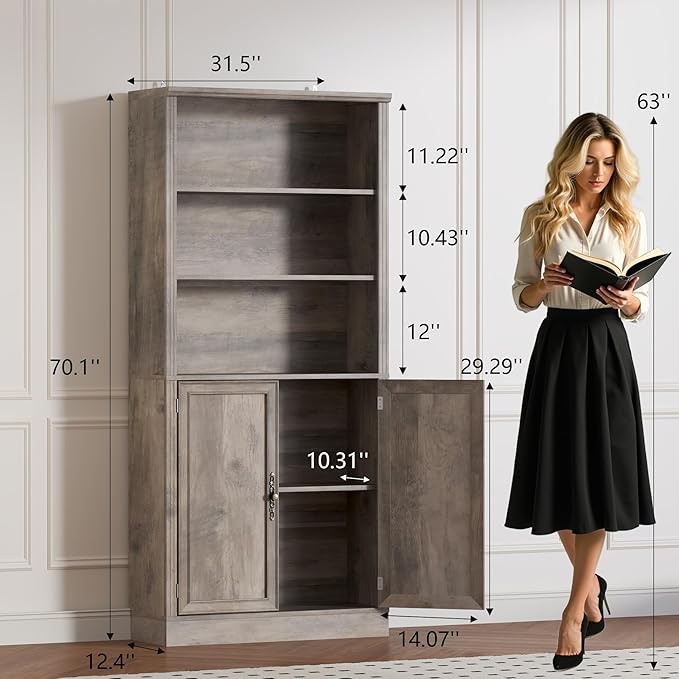 BORNOON 70.1" Tall Bookshelf with Cabinet, 5-Tier Floor Standing Bookcase with Doors & Adjustable Shelves, 31.5" Wide Storage Shelf, Metal Handles, Modern Organizer for Home Office, Living Room