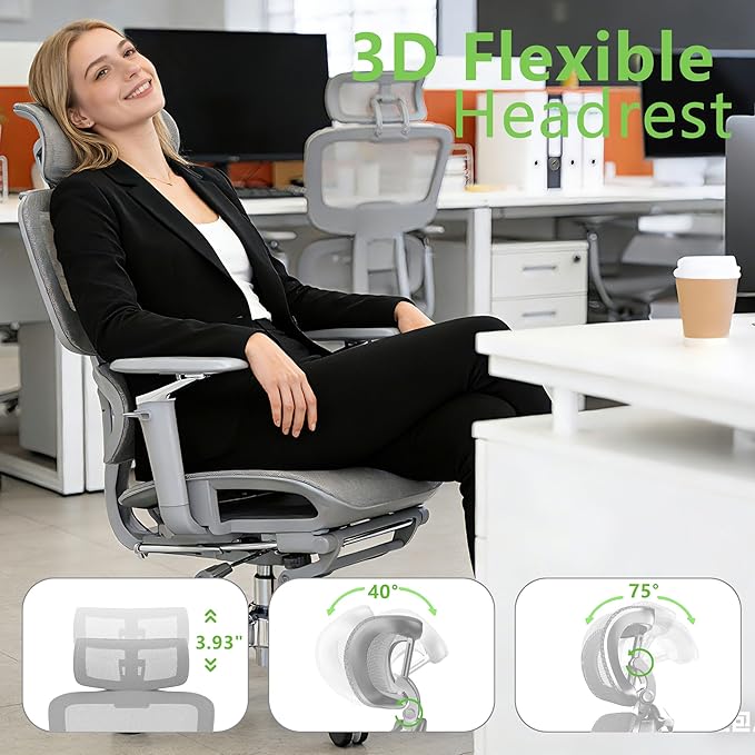 Ergonomic Office Chair with Footrest,High Back Mesh Desk Chair,Lumbar Support & 90-135°Recline,3D Headrest & 6D Armrests,Swivel Computer Chair for Home Office, Work & Gaming 1Pack