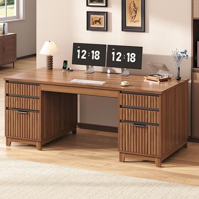 SEDETA 55.1" Fluted Office Desk with 6 Drawers, Modern Executive Desk with Acrylic File Drawers, Computer Desk with Power outlets for Home Office and Study (Brown)