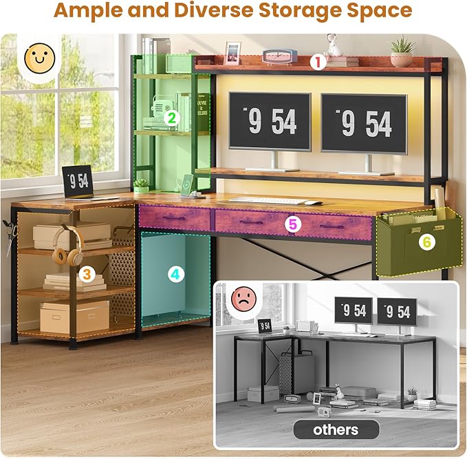 SEDETA 55" L Shaped Desk with Hutch, Corner Computer Desk with Drawers & Shelves, Reversible L Shaped Gaming Desk with Power Strip & LED Lights, Monitor Stand, Headphone Hook, Rustic Brown