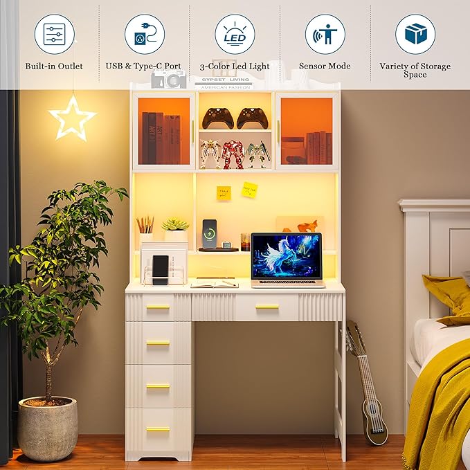 WOOVIVS LED Study Desk with Hutch and Drawer, Home Office Desk with Outlet, Computer Desk with Charging Station, Writing Desk for Bedroom, Workstation for Small Spaces (White)