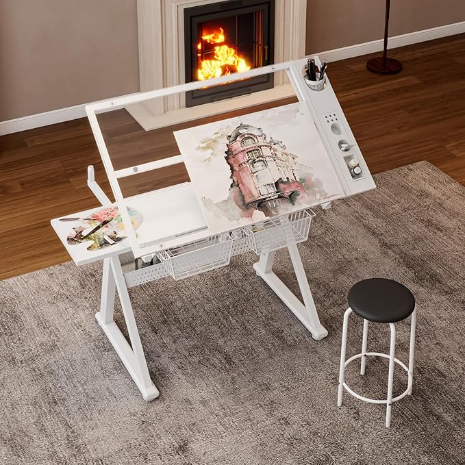 Adjustable Height Drafting Table with Storage Drawers & Stool for Adults, Glass Art Desk with Side Storage Strips, Drawing Table with Tilted Tabletop for Art Office Study (White+Glass A)