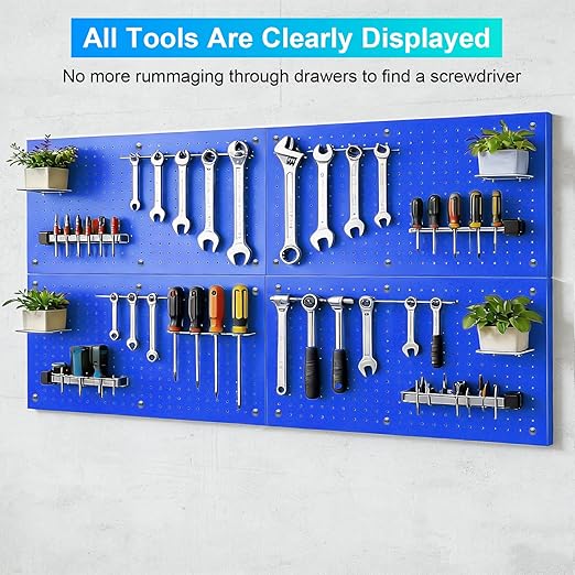 Metal Pegboard Panels 4 Pack, 24" x 12" Heavy Duty Rust-Proof Wall Organizer, Sturdy Steel Storage Board for Garage, Workshop & Craft Room, Blue