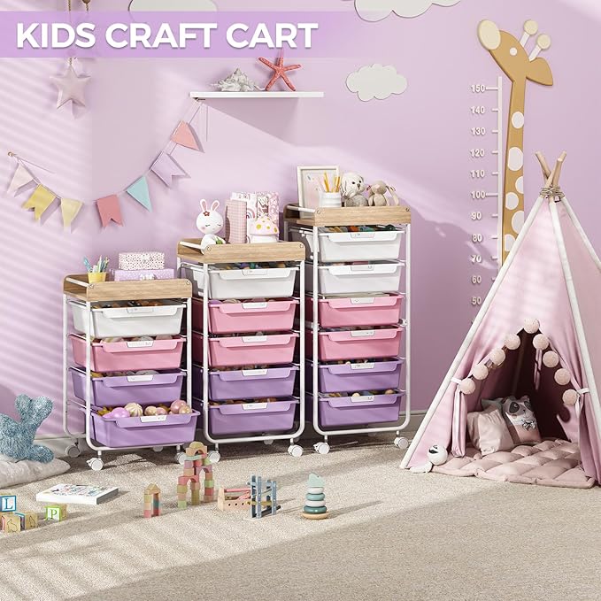 SYKIARIOL Rolling Storage Utility Cart with 5 Drawers,Craft Cart with Wheels,Makeup Organizer,Art Supply and Storage Wooden Tabletop,Purple