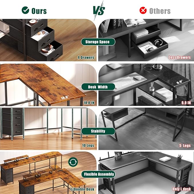 Korfile 66" L Shaped Computer Desk with Power Outlets, Home Office Desk with 4 Adjustable Storage Drawers & 2 Monitor Stands, Large Two Person Gaming Table for Writing Study, Rustic Brown