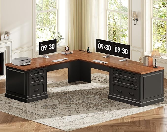 SEDETA Farmhouse 78.7" Executive L Shaped Desk with 6 Drawers, Home Office Desk with Power Outlet, File Cabinet Storage, Wood Corner Computer Desk for Work and Study, Black