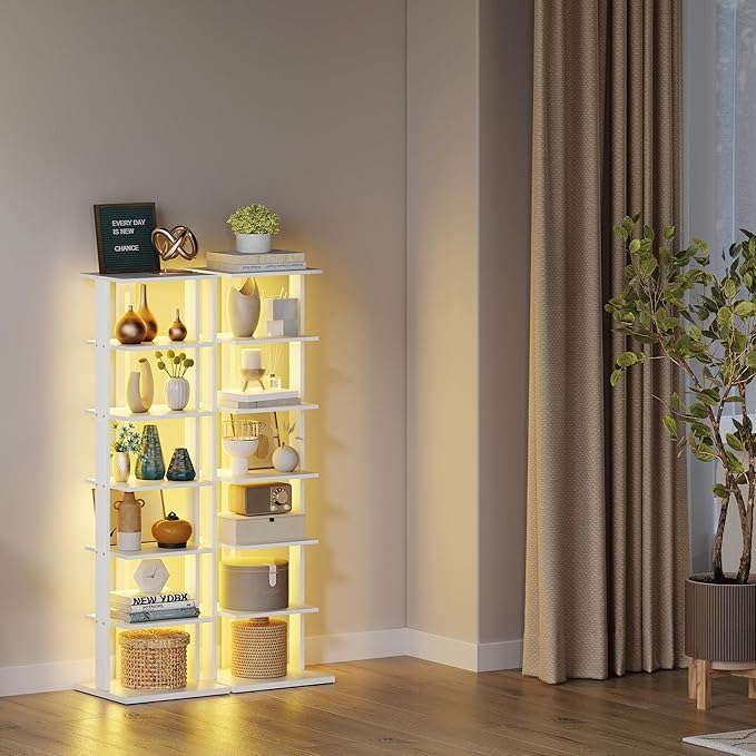 7-Tier Bookshelf, Narrow Bookcase with LED Lights, 47.2 Inch Book Shelf for Small Space, Display Storage Shelf for Living Room, Bedroom, Home Office, Study, White