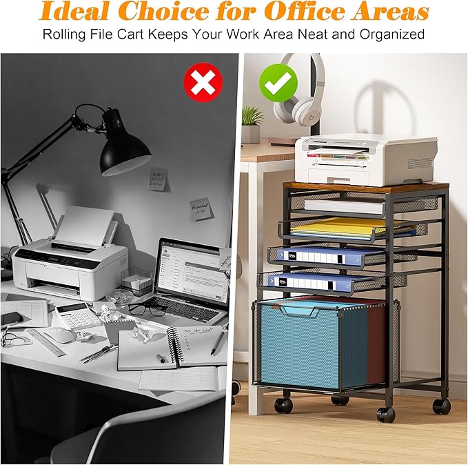 Feyejade Rolling File Cart 5-Tier, Under Desk Storage with Drawers, Filing Cabinet for Letter-Size File Storage, Sliding Metal Mesh Trays for Binder Storage, Office Storage & Organization for Teachers