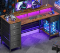 Korfile 55 Inch Gaming Desk with Power Outlets and LED Lights, Reversible Computer Desk with 5 Fabric Storage Drawers, Home Office Desk with Monitor Stand for Working Writing Study, Rustic Brown