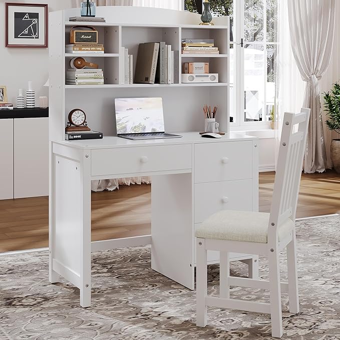 Vintage 40'' Home Executive Desk and Upholstered Chair Set with Bookshelf(White)