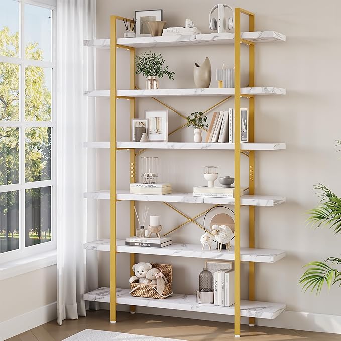 OtterOasis Bookshelf Set of 2, Heavy Duty 6-Tier Industrial Bookcase, 47" Wide Wood Bookshelf for Home Office, 120lbs Shelf Capacity, Open Display with Horizontal Shelf for Living Room Bedroom, White