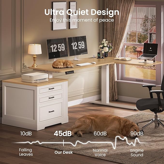 SEDETA Farmhouse L Shaped Electric Standing Desk, 70.9" x 39.4" Height Adjustable Office Executive Desk with 3 Drawers, Standing Computer Desks with Power Outlet for Home Office, Oak