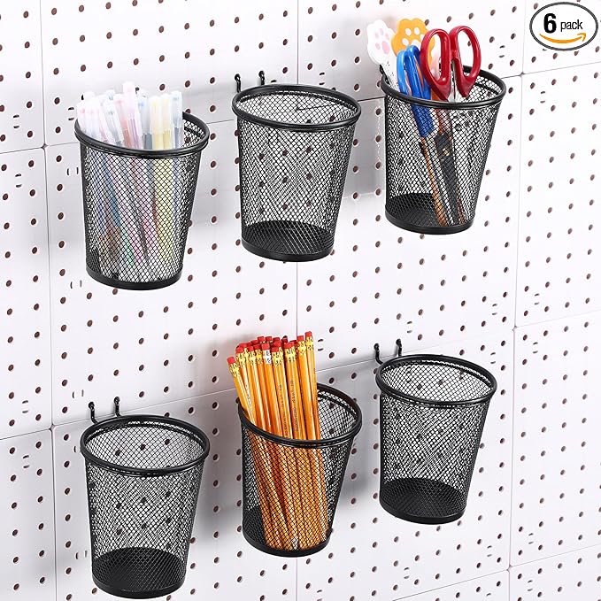 Spakon 6 Sets Pegboard Cups with Ring Hook, Peg Board Baskets Bin Holder Organizer Accessories Pegboard Pencil Cup Multipurpose Metal Pen Holder for Office Garage(Black,3.15x5.24x4.33'',Regular)