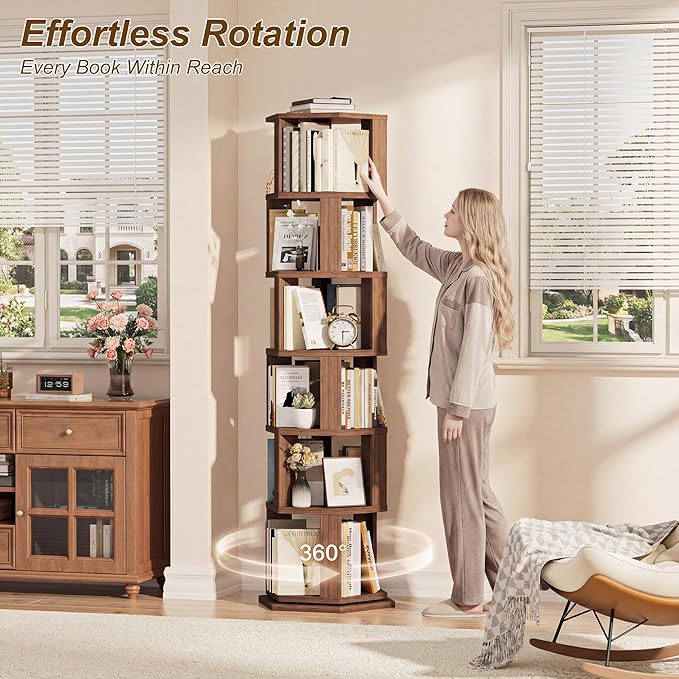 BACEKOLL Rotating Bookshelf Tower, 6 Tier Spinning Book Shelf, Wood Round Revolving Bookcase, Narrow Rolling Bookshelves, Vertical Book Storage for Corner Small Spaces, Bedroom, Living Room,Walnut