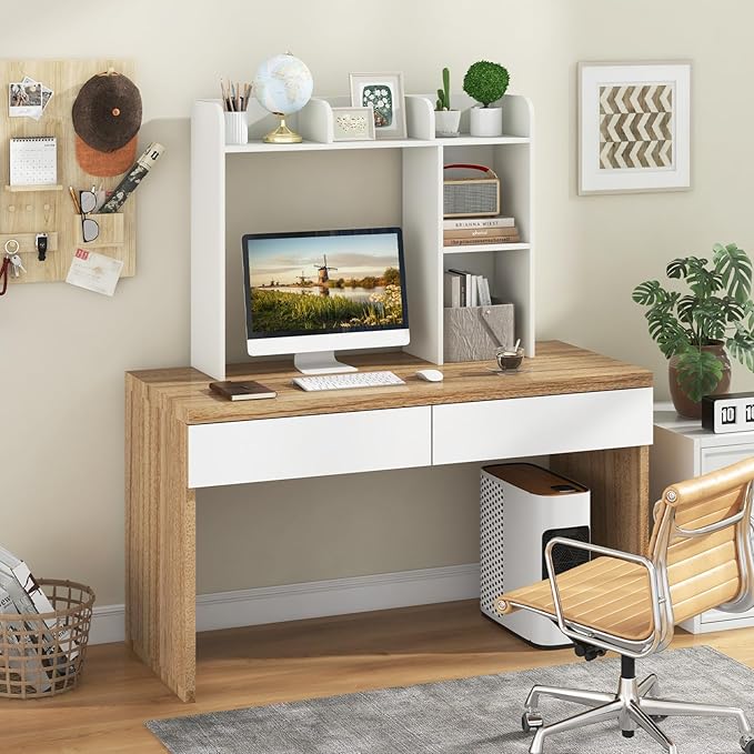 Desktop Bookshelf, 3-Tier Desk Hutch Shelf with 5 Display Rack for Computer Desk, Desk Organizer Shelves for Top of Desk, Dorm, Home, Office (White)