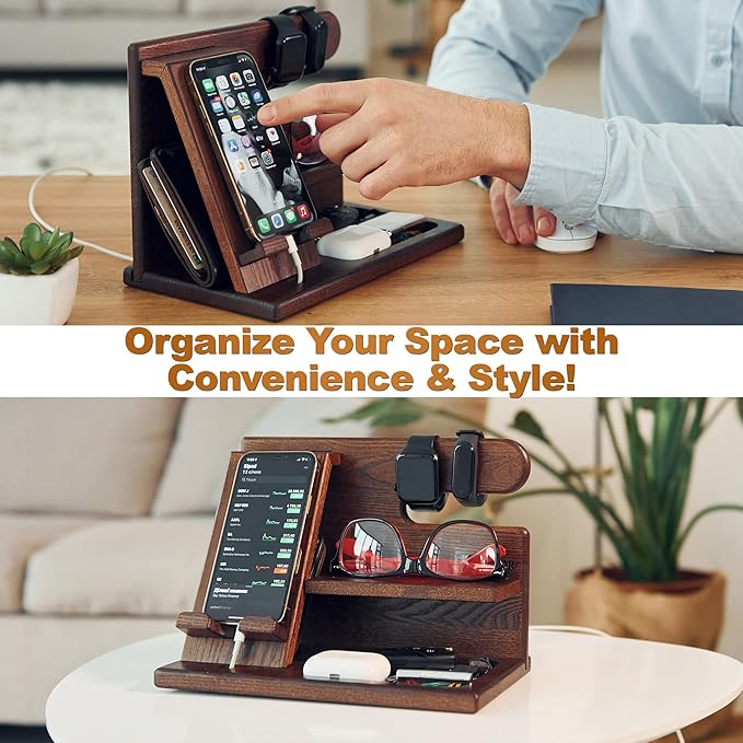 TESLYAR Wood Phone Docking Station for Men - Desktop or Nightstand Organizer - Birthday Gifts for Men, Dad - Anniversary Idea from Wife - Key Holder, Stand Wallet, Watch & Essentials (Bourbon Brown)