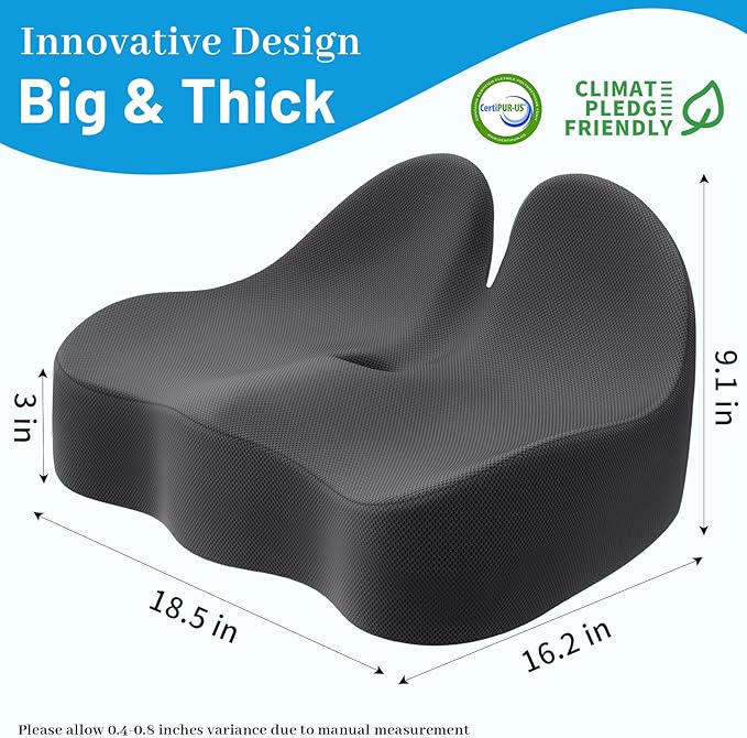 CushZone Memory Foam Seat Cushion for Office Chair, Ergonomic Coccyx Cushion for Desk Chair, Tailbone Support Pillow for Long Sitting, Non-Slip Seat Pad for Home, Car, Gaming Chair (Grey, X-Large)