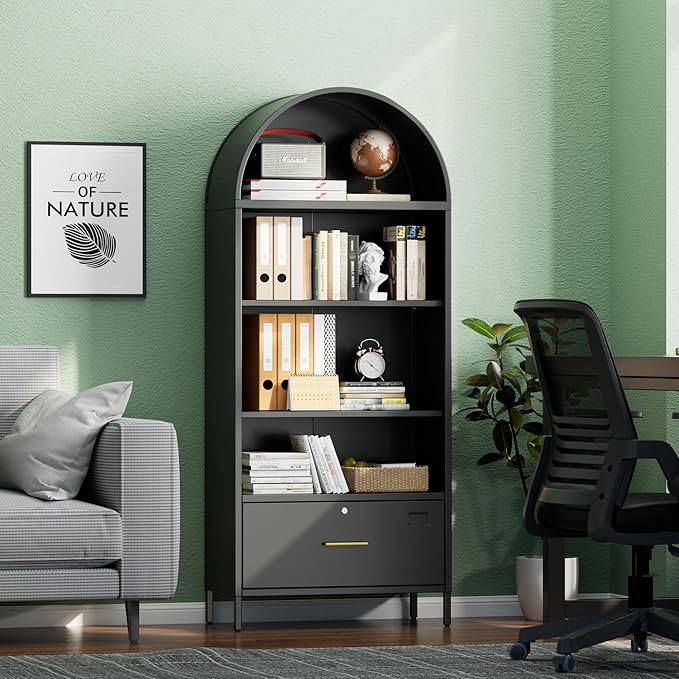 Aobabo 72.8" H Metal Arched Bookcase with 2 Adjustable Shelves and 1 File Drawer for Home Office, Black,Required Assembled