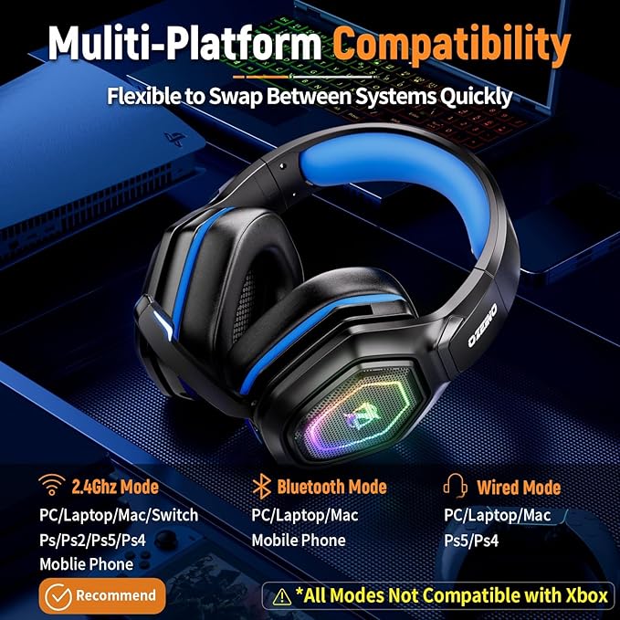 Ozeino 2.4GHz Gaming Headset Wireless with Flip Mic for Ps5, Ps4, PC, Gaming Headphones with RGB Light, 40Hr Battery Bluetooth Headset for Laptop, Mobile, Mac