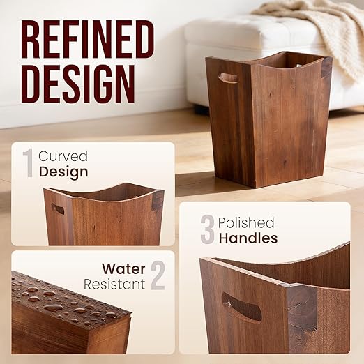 Wood Waste Basket, 2 Gallon Rectangular Trash Can with Handles, Water-Resistant Lacquer Finish, Compact for Bathroom Bedroom Office