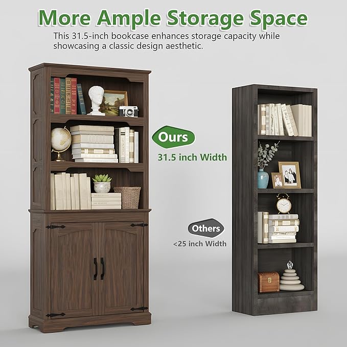 70 Inches Farmhouse Bookcase Bookshelf, Two-Tone Shelves, 5 Tier Bookshelf with Door Storage Arched Trim, Home Office Living Room Storage Cabinet Unit, 31.5x11.8 Inches (Walnut, Doors Storage)