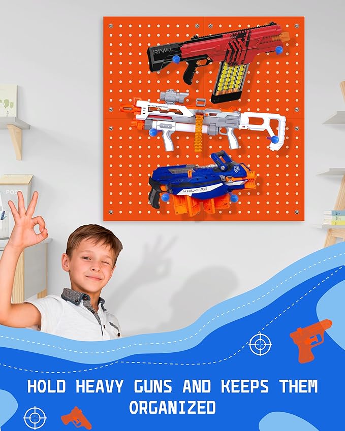Skywin Wooden Peg Board for Nerf Gun Storage Organizer 13 x 13 x 0.31 Inches - Compatible with All Blasters Nerf Gun Rack Organizer for Wall Organization (Orange)