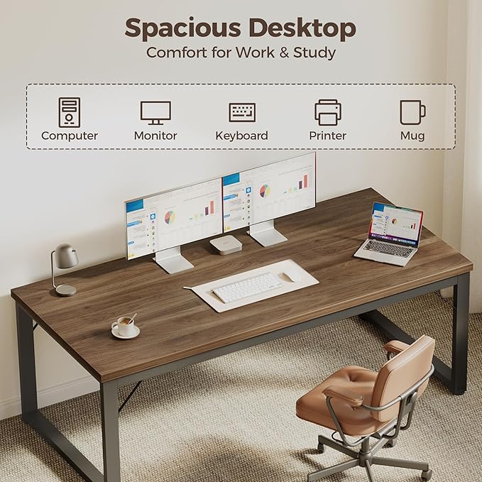 Mericonia 48 Inch Computer Desk, 1" Thick Heavy Duty Industrial Office Desk, Modern Simple Study Writing Table for Home Office Bedroom Workstation, Walnut