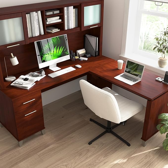 Bush Home Somerset 72W 3 Position Sit to Stand L Shaped Desk with Hutch in Hansen Cherry | Adjustable Height Table for Home Office