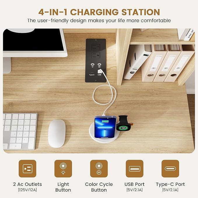 Lvifur LED Study Desk - with Hutch & Storage Cabinet,Home Office Desk with Outlet and 3 Color LED and Card-Based Lock,Writing Desk Computer Desks for Studyroom,Ideal for Office Set,Natural
