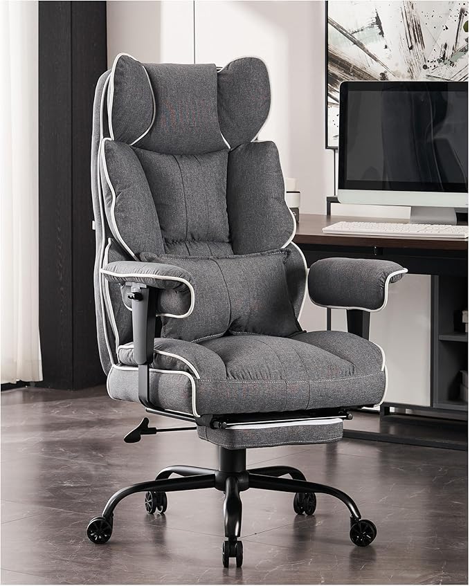 Efomao Fabric Office Chair, Big and Tall Office Chair 400 lb Weight Capacity, High Back Executive Office Chair with Foot Rest, Ergonomic Office Chair for Back Pain Relief, Gray