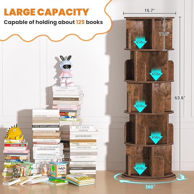 Besiost Rotating Bookshelf Tower, 5 Tier Spinning Bookcase, Revolving 360 Book Shelf Narrow Tall Bookcase, Vertical Turning Round Bookshelf Organizer, Corner Book Shelf for Small Space, Rustic Brown