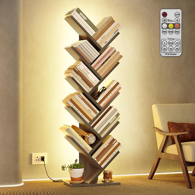 Hoctieon 10 Tier Tree Bookshelf, Tall Bookcase, Freestanding Book Shelf with LED Lights, Display Floor Standing Storage Shelf, Book Organizer Shelves for Home Office, Living Room, Greige