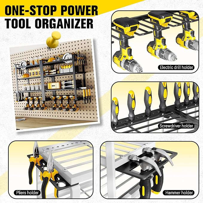 Hipidian Power Tool Organizer Wall Mount - Storage Rack with 4 Drill Holders for Drills Cordless Tools. Heavy Duty Iron Garage Tool Organizer Storage for Workshop Shed (4 Slots 4 Layers 2 Pack)