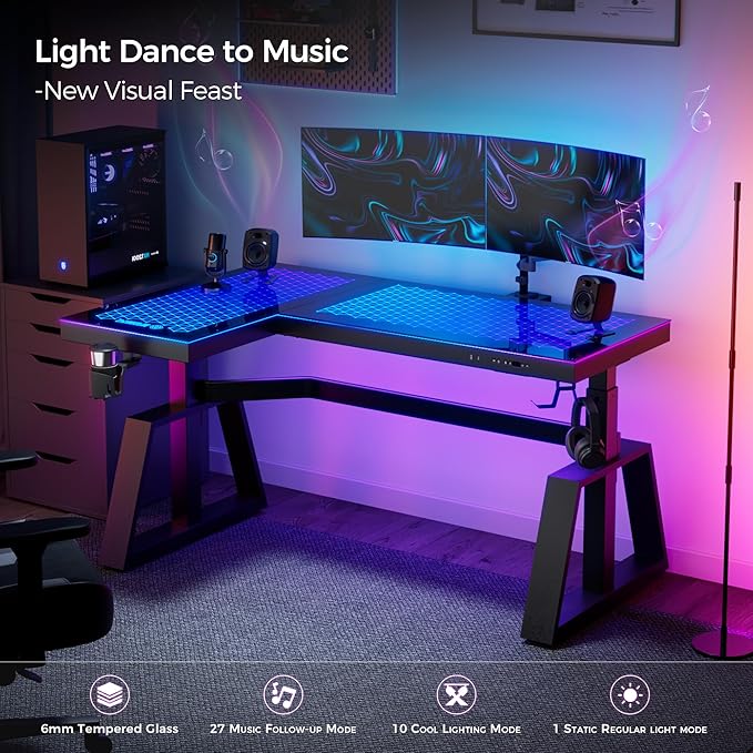 EUREKA ERGONOMIC Standing Desk, Gaming Table,Glass RGB, Height Adjustable Computer desks 60 Inch L Shaped Corner Music Studio Desk Workstation w Type-C Port,Cup Headset Holder,APP Control,Left