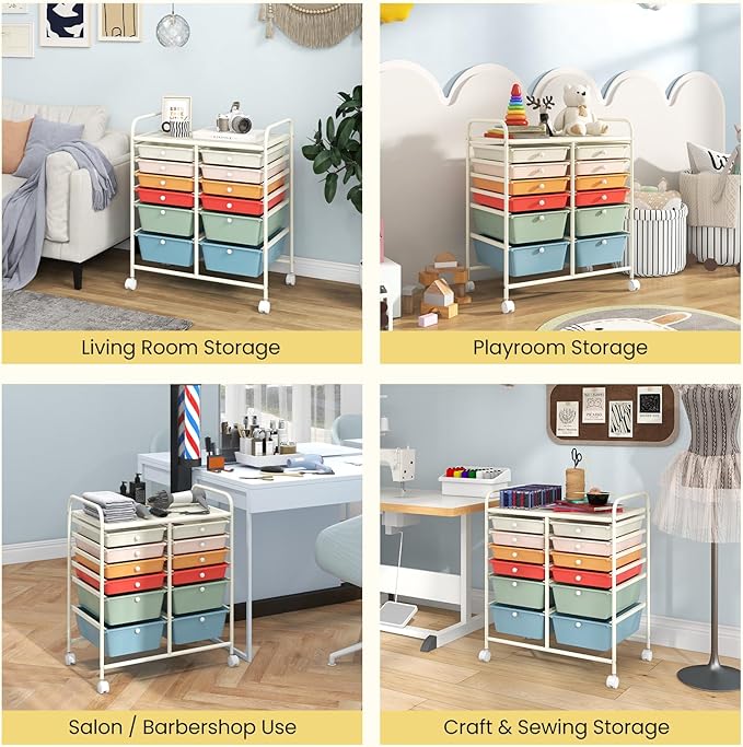 Moccha 12-Drawer Rolling Storage Cart - Utility Cart on Wheels with Lockable Casters for Craft Art Supply Paper Salon, Mobile Drawer Carts for Classroom Teacher School Office, Macaron