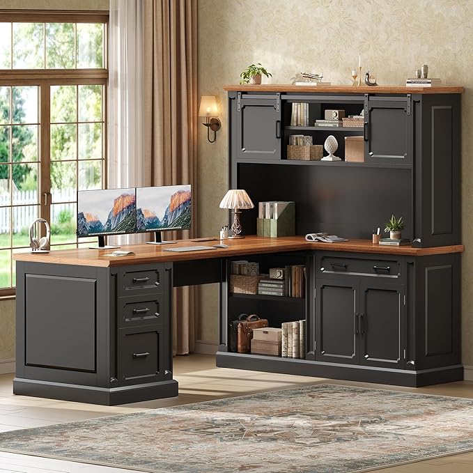 SEDETA Farmhouse L Shaped Desk with Hutch, 67" Executive Home Office Desks with 4 Drawers & Storage Cabinet, Corner Computer Desk with Sliding Doors, File Drawer & Power Outlet, Black+Brown