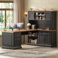 SEDETA Farmhouse L Shaped Desk with Hutch, 67" Executive Home Office Desks with 4 Drawers & Storage Cabinet, Corner Computer Desk with Sliding Doors, File Drawer & Power Outlet, Black+Brown