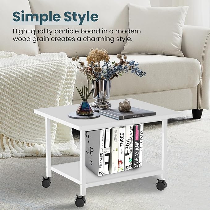 SwaaVee Printer Stand with Storage Under Desk Shelf, Desktop Printer Stand Organizer, Rolling Printer Cart Storage Paper Files Holder for Desk, Office, Home, (White)