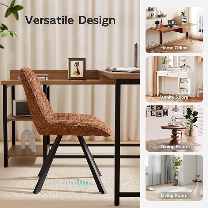 Small Desk Chair No Wheels, Swivel Velvet Vanity Chair No Arms, Armless Office Chair with Back and Metal Legs for Small Space, Bedroom, Home Office, Mid Century Modern, Caramel Brown