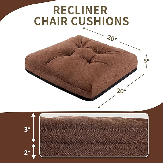 Recliner Cushions, 20x20x5 Inch Double Layer Design Chair Cushion, Soft Tufted Thickened Seat Cushions for Elderly, Brown