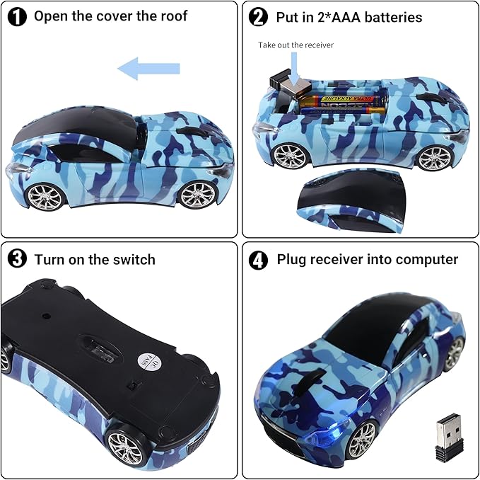 elec Space Wireless Car Mouse with LED Headlights, 2.4G Unique Car Mouse for Kids, 1600 DPI Cute Gaming Mouse for Laptop PC Computer - Navy Blue