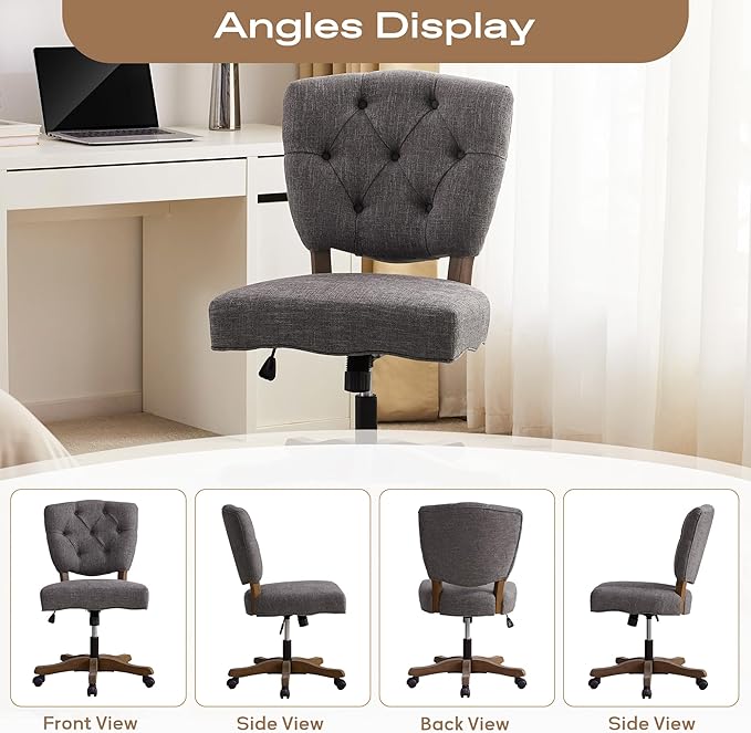 HUIMO Upholstered Swivel Desk Chair Chenille Tufted Fabric Home Office Chair with Wheels Adjustable Height Classic Task Chair with Wooden Legs Comfortable Armless Chair for Studio Study (Grey)