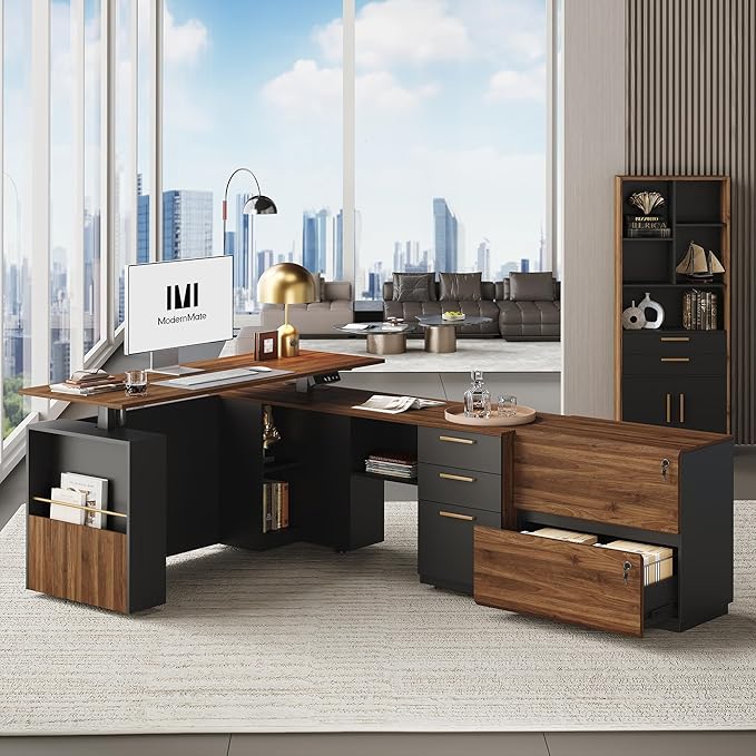 ModernMate Furniture Sets, 63" Standing Desk with 59" Bookshelf and 2 Drawer lateral File Cabinet, Home Office Furniture Set, Black Walnut