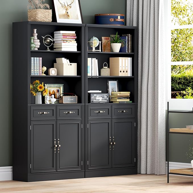 BORNOON 70.1" Tall Bookshelf with Drawers & Cabinet, 5-Tier Floor Standing Bookcase with Storage Doors, Adjustable Shelves & Metal Handles, 31.5" Wide Organizer for Home Office, Living Room