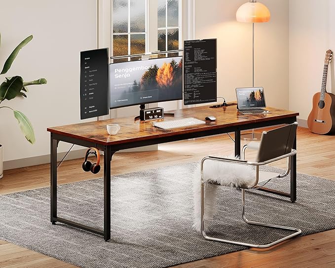 Coleshome 71 Inch Computer Desk with USB Ports, Large Office Desk, Long Study Student Writing Desk, Rustic Brown