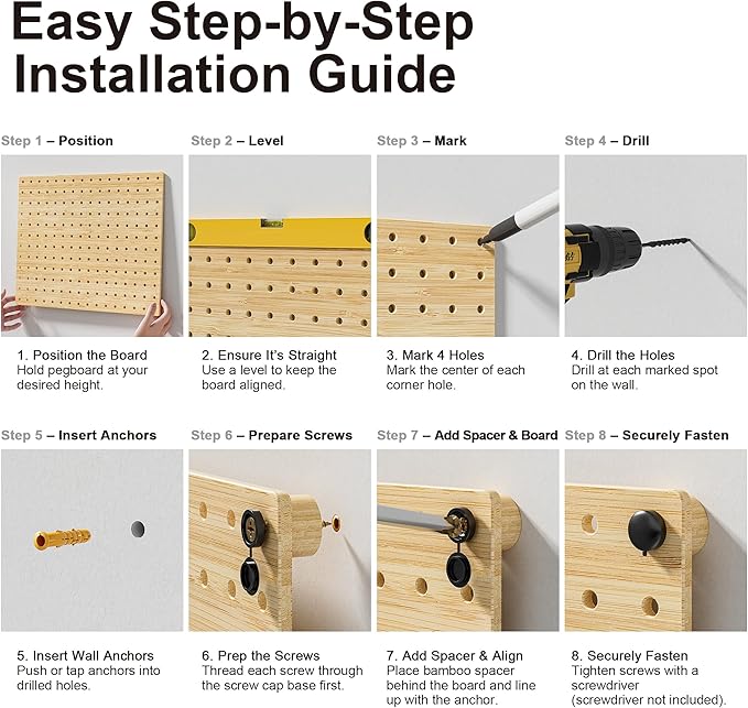 VOIMO Bamboo Pegboard Organizer Set, 6 Panels (16"x12") with 48 Hooks – Eco-Friendly Wall Mounted Storage Rack for Tools, Crafts & Office – Natural Bamboo Pegboard System with Accessories