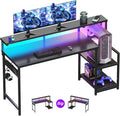 AODK Gaming Desk, 55 Inch Computer Desk with Led Lights, Office Desk with PC Tower Stand, Reversible Desk with Monitor Shelf & Headphone Hook, Carbon Fiber Black