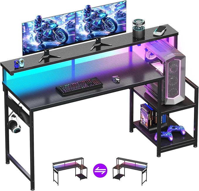AODK Gaming Desk, 55 Inch Computer Desk with Led Lights, Office Desk with PC Tower Stand, Reversible Desk with Monitor Shelf & Headphone Hook, Carbon Fiber Black