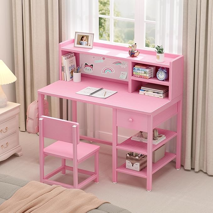 BOLUO Pink Kids Desk and Chair Set for 6-12 Year Old, Children Study Desk with Hutch and Storage Shelf, Student Writing Table with Fabric Drawer for Girls Boys